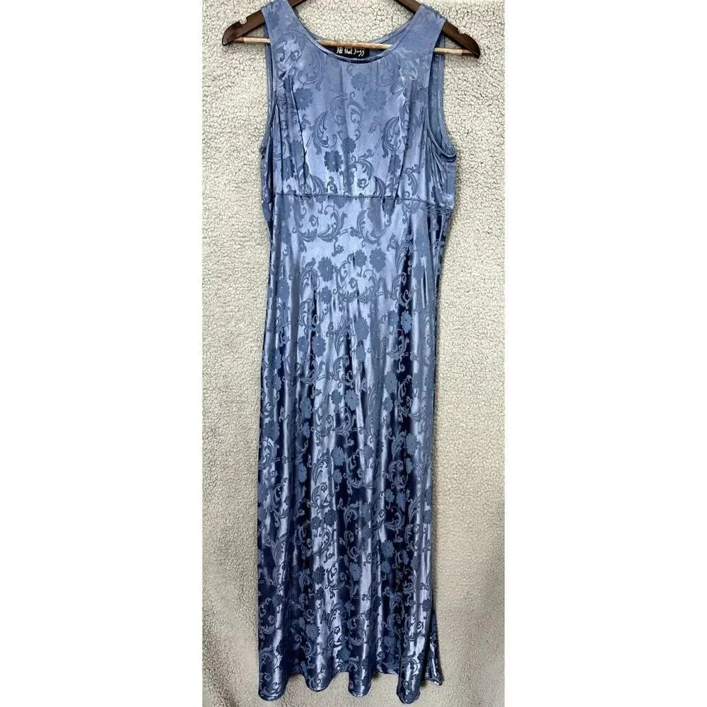 VTG 90s All That Jazz Floral fairy‎ Grunge Flower blue Midi Sun Slip Dress 13/14
